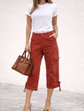 FDJ French Dressing Red Cargo Pants Convertible Capri Roll Tab Hem Stretch Sz 12